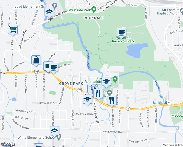 map of restaurants, bars, coffee shops, grocery stores, and more near 1705 Hortense Place Northwest in Atlanta