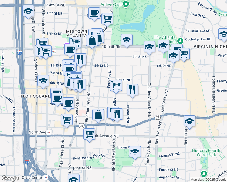 map of restaurants, bars, coffee shops, grocery stores, and more near 804 Argonne Avenue Northeast in Atlanta