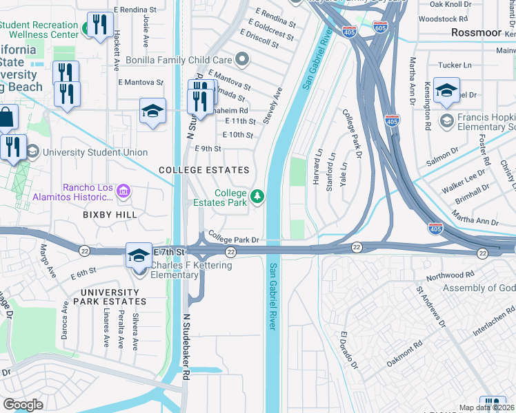 map of restaurants, bars, coffee shops, grocery stores, and more near 808 Stevely Avenue in Long Beach