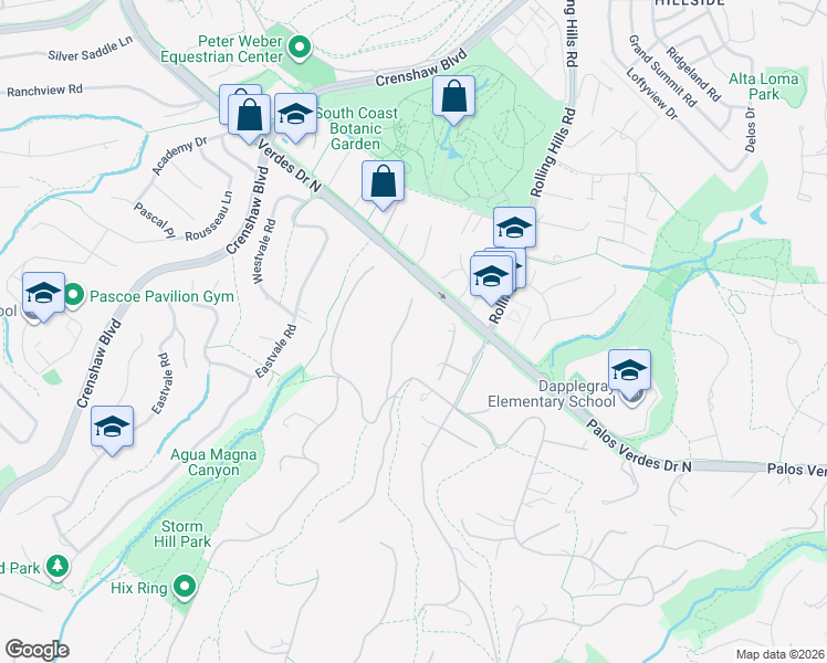 map of restaurants, bars, coffee shops, grocery stores, and more near 12 Williamsburg Lane in Rolling Hills