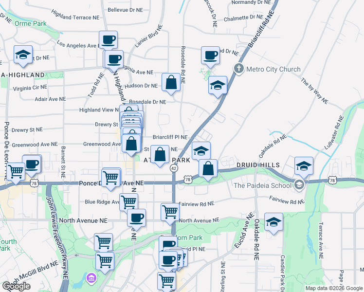 map of restaurants, bars, coffee shops, grocery stores, and more near in Atlanta