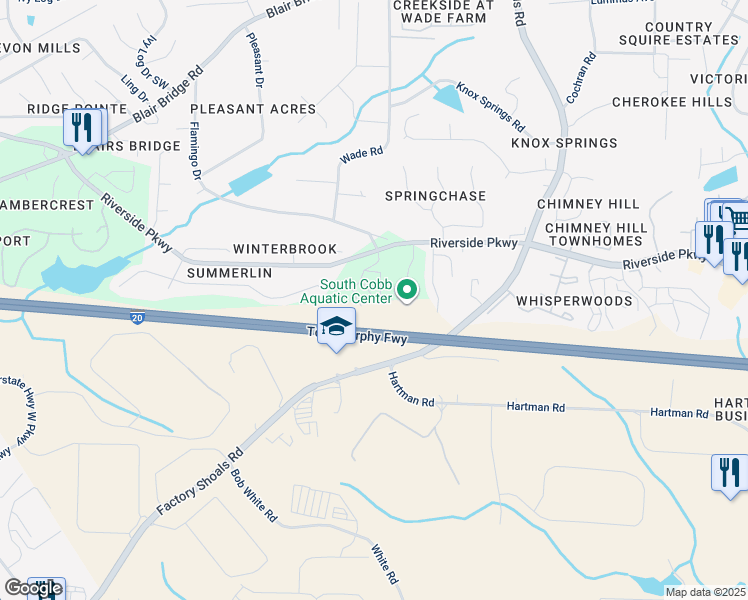 map of restaurants, bars, coffee shops, grocery stores, and more near 950 Pine Oak Trail in Austell