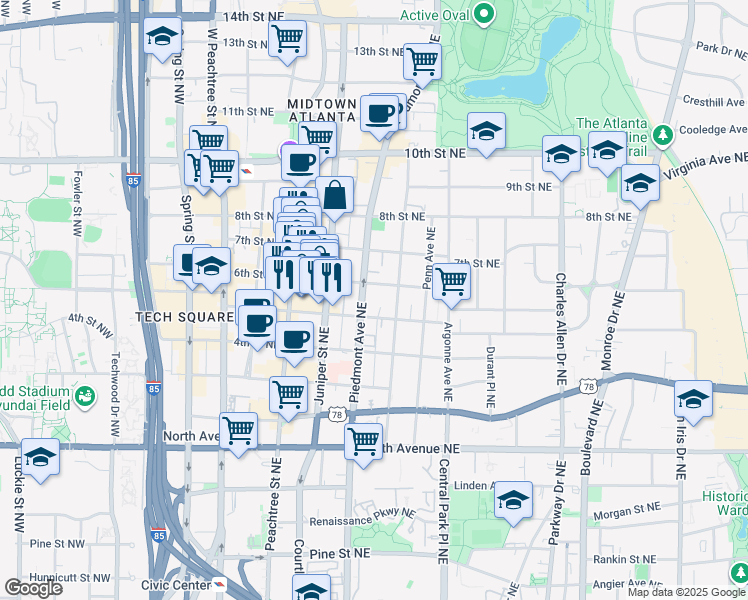 map of restaurants, bars, coffee shops, grocery stores, and more near 821 Piedmont Avenue Northeast in Atlanta