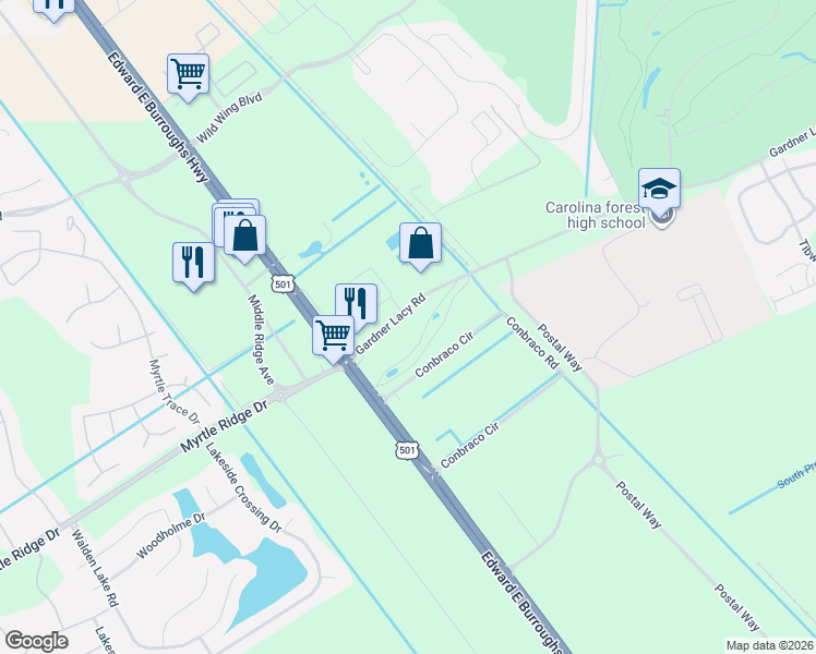 map of restaurants, bars, coffee shops, grocery stores, and more near 160 Gardner Lacy Road in Conway