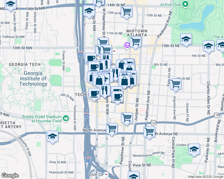 map of restaurants, bars, coffee shops, grocery stores, and more near 30 5th Street Northeast in Atlanta