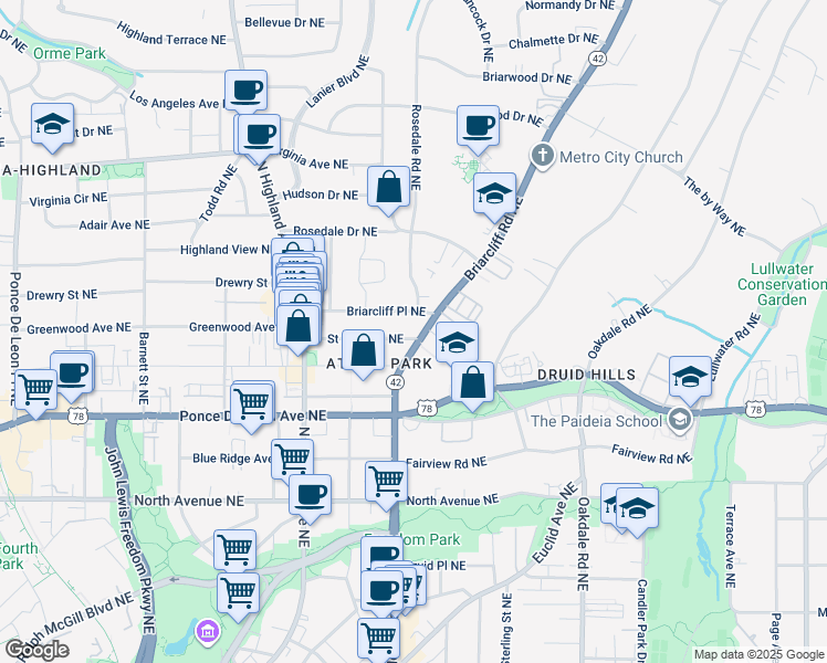 map of restaurants, bars, coffee shops, grocery stores, and more near 1195 Briarcliff Place Northeast in Atlanta