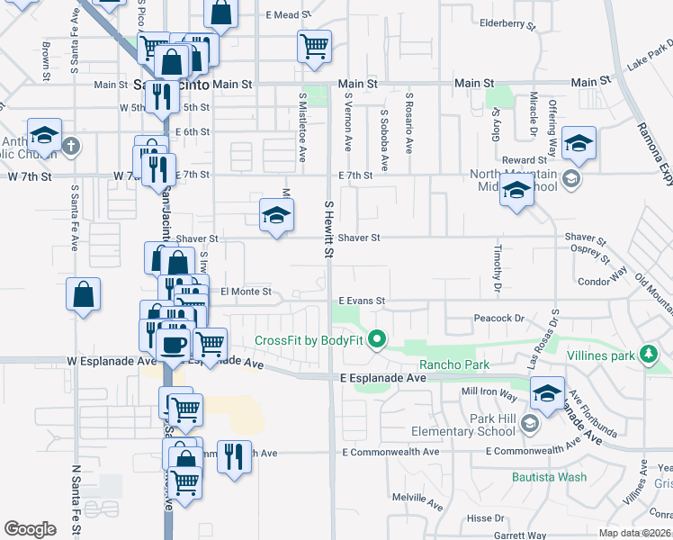 map of restaurants, bars, coffee shops, grocery stores, and more near 1104 South Hewitt Street in San Jacinto
