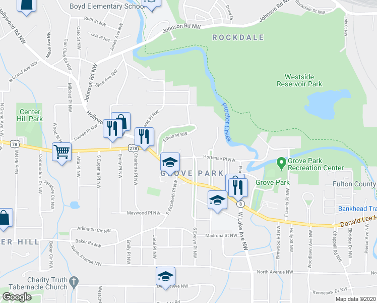 map of restaurants, bars, coffee shops, grocery stores, and more near 790 North Evelyn Place Northwest in Atlanta