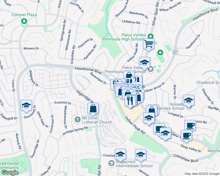 map of restaurants, bars, coffee shops, grocery stores, and more near 27520 Hawthorne Boulevard in Rolling Hills Estates