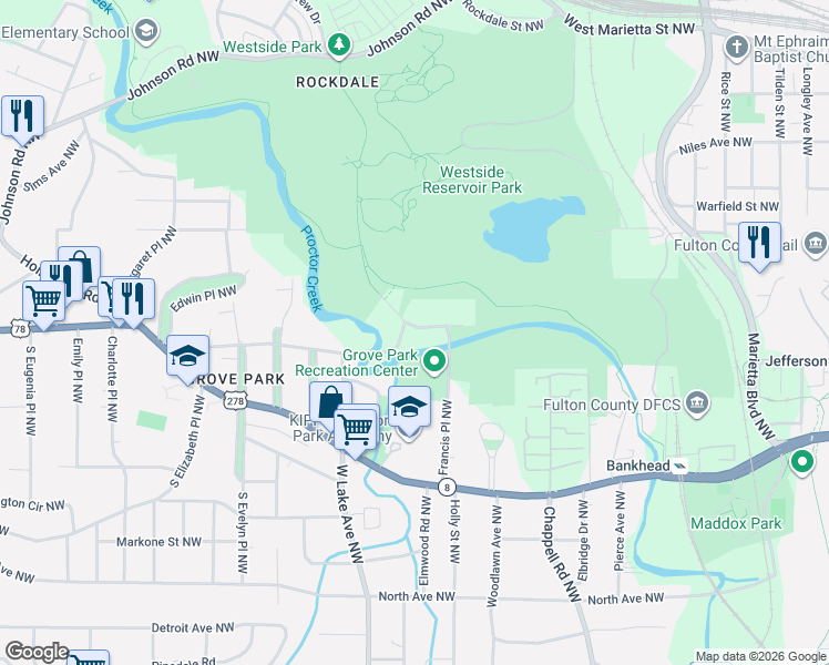 map of restaurants, bars, coffee shops, grocery stores, and more near 24 Grove Park Place Northwest in Atlanta