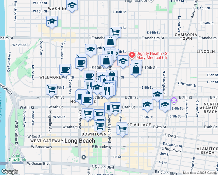map of restaurants, bars, coffee shops, grocery stores, and more near 717 East 8th Street in Long Beach