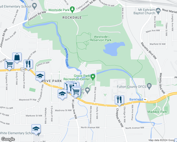 map of restaurants, bars, coffee shops, grocery stores, and more near 24 Grove Park Place Northwest in Atlanta