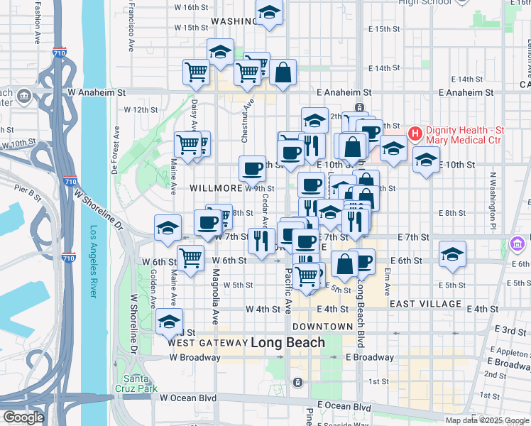 map of restaurants, bars, coffee shops, grocery stores, and more near Cedar Avenue & West 8th Street in Long Beach