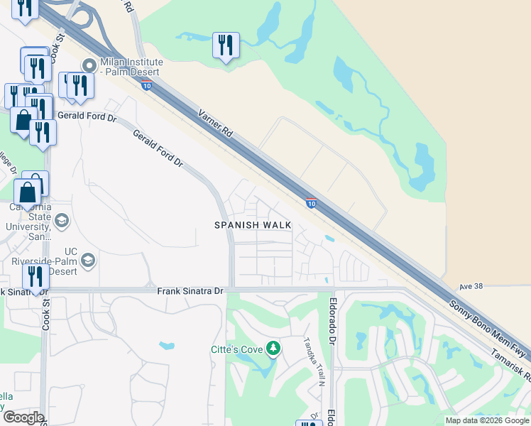 map of restaurants, bars, coffee shops, grocery stores, and more near 223 Paseo Gregario in Palm Desert