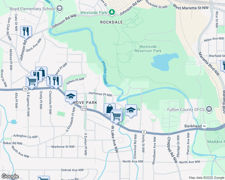 map of restaurants, bars, coffee shops, grocery stores, and more near 1705 Hortense Place Northwest in Atlanta