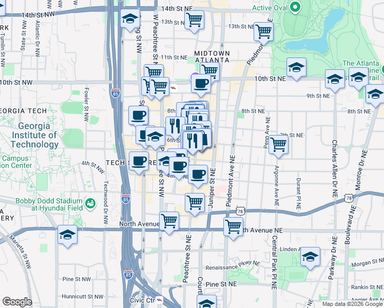map of restaurants, bars, coffee shops, grocery stores, and more near 800 Peachtree Street Northeast in Atlanta