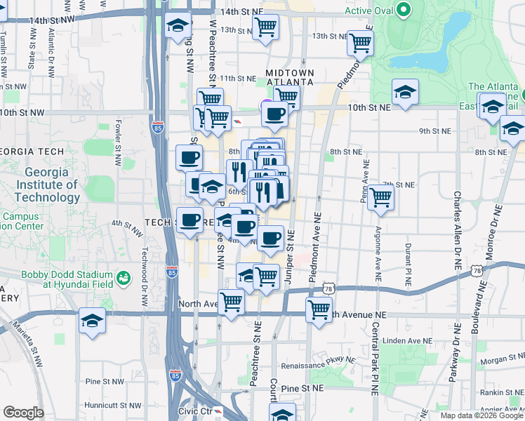 map of restaurants, bars, coffee shops, grocery stores, and more near 70 6th Street Northeast in Atlanta