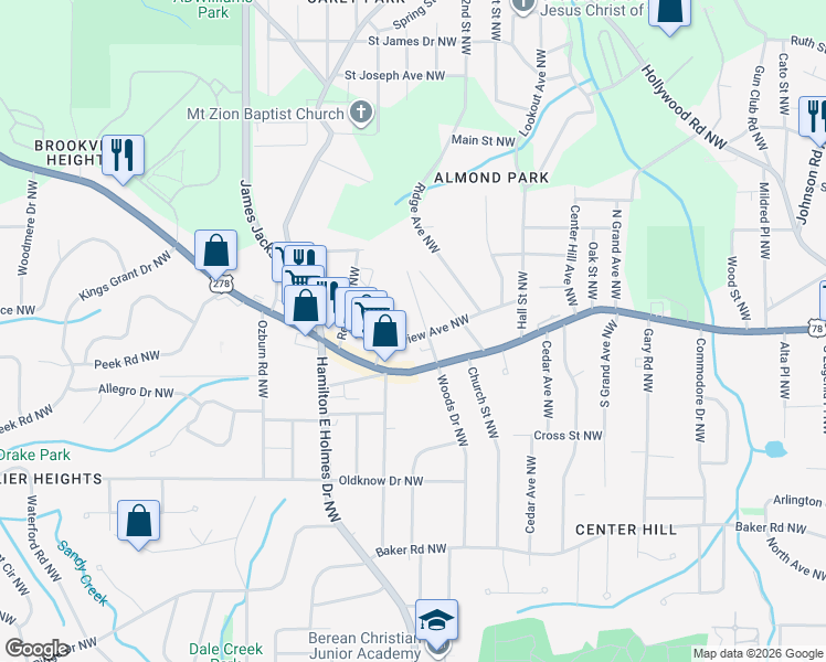 map of restaurants, bars, coffee shops, grocery stores, and more near 2533 Bellview Avenue Northwest in Atlanta