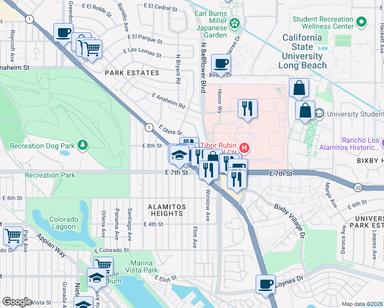 map of restaurants, bars, coffee shops, grocery stores, and more near 5585 East Pacific Coast Highway in Long Beach