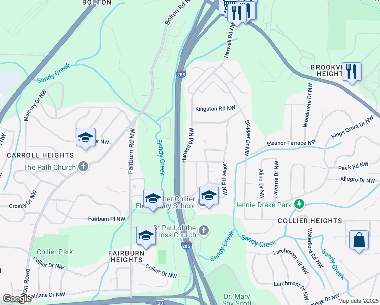 map of restaurants, bars, coffee shops, grocery stores, and more near 773 Harwell Road Northwest in Atlanta