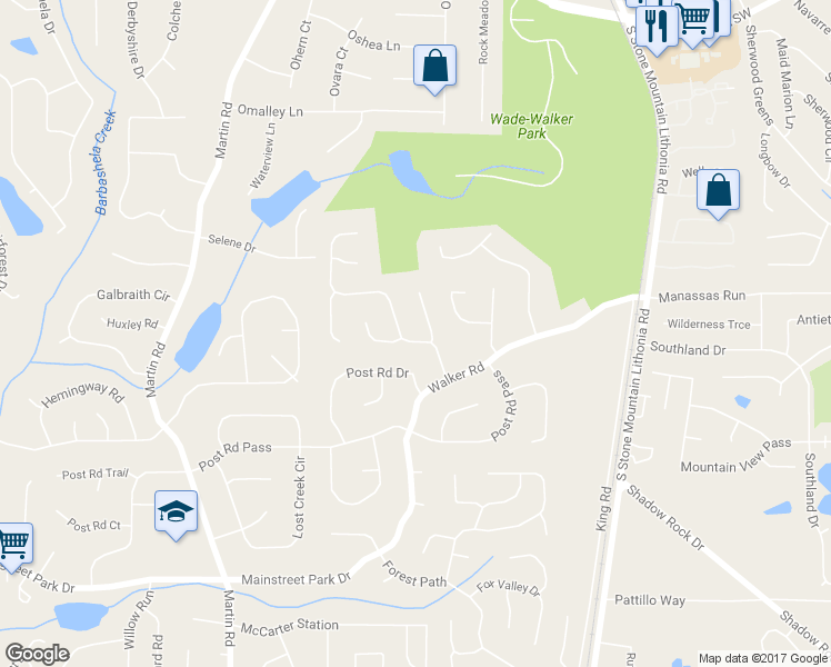 map of restaurants, bars, coffee shops, grocery stores, and more near 667 Kingsgate Ridge in Stone Mountain