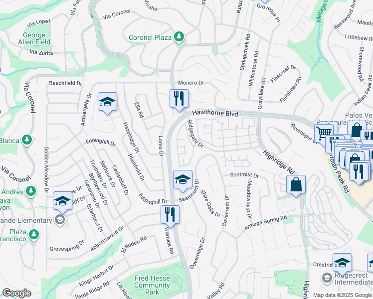 map of restaurants, bars, coffee shops, grocery stores, and more near 28318 Ridgefalls Court in Rancho Palos Verdes