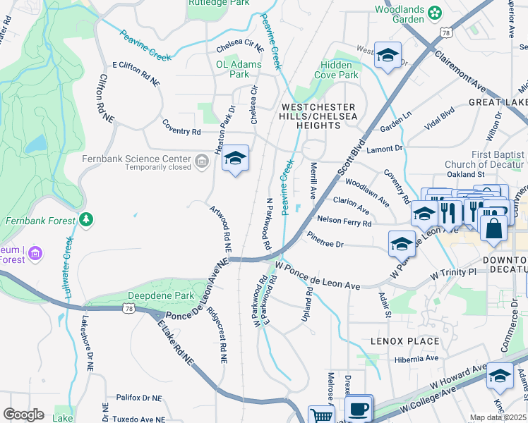 map of restaurants, bars, coffee shops, grocery stores, and more near 720 North Parkwood Road in Decatur