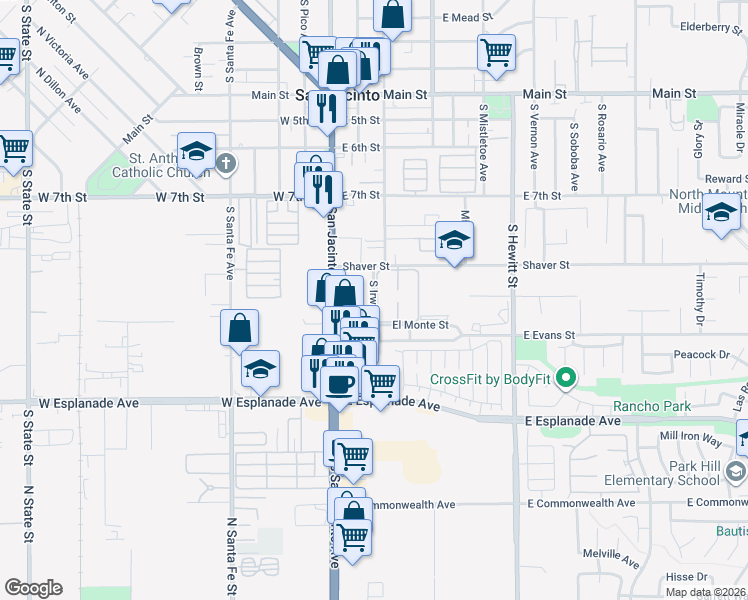 map of restaurants, bars, coffee shops, grocery stores, and more near South Irwin Street in San Jacinto