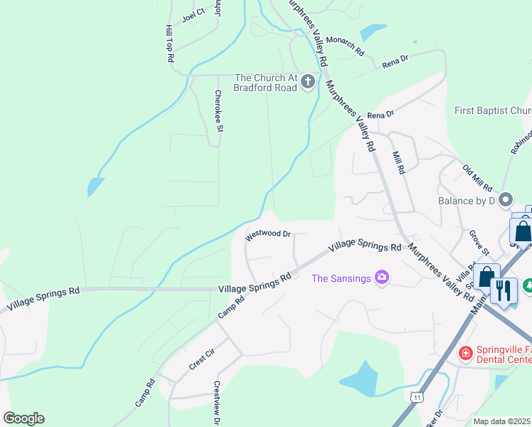 map of restaurants, bars, coffee shops, grocery stores, and more near 112 Burgess Drive in Springville