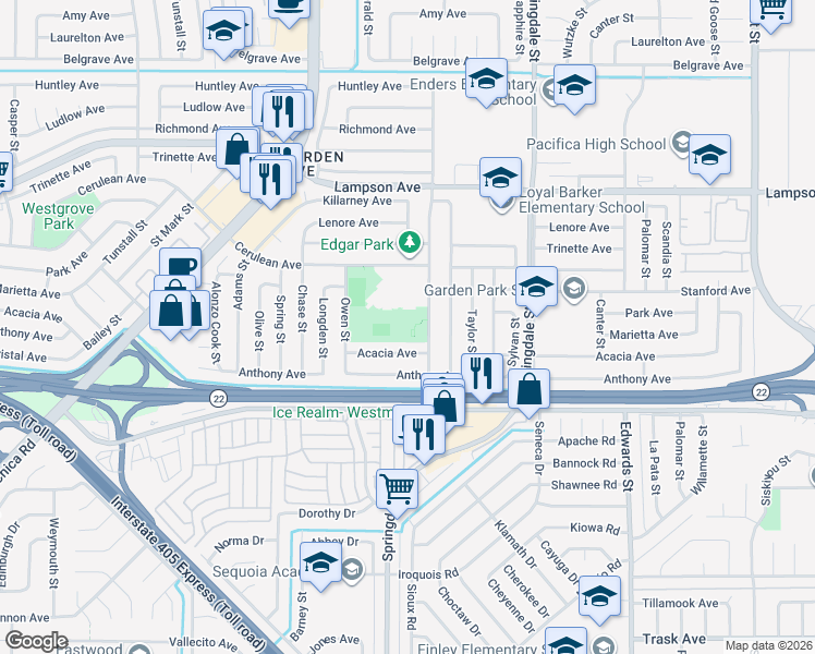 map of restaurants, bars, coffee shops, grocery stores, and more near 12781 Topaz Street in Garden Grove