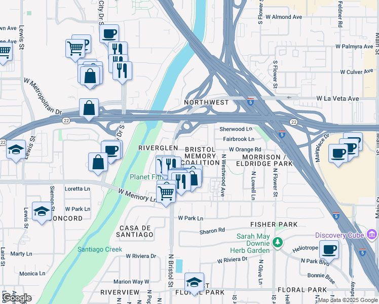 map of restaurants, bars, coffee shops, grocery stores, and more near 2833 North Bristol Street in Santa Ana