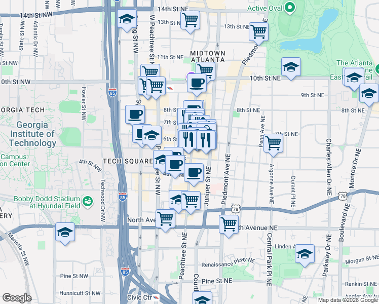 map of restaurants, bars, coffee shops, grocery stores, and more near 811 Peachtree Street Northeast in Atlanta