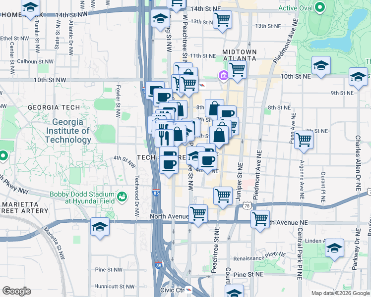 map of restaurants, bars, coffee shops, grocery stores, and more near 54 5th Street Northwest in Atlanta