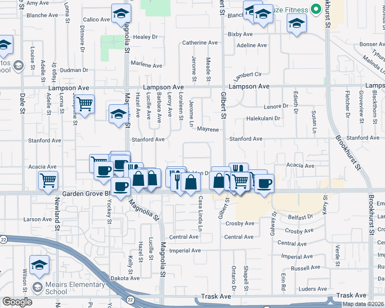 map of restaurants, bars, coffee shops, grocery stores, and more near 9321 Marietta Avenue in Garden Grove
