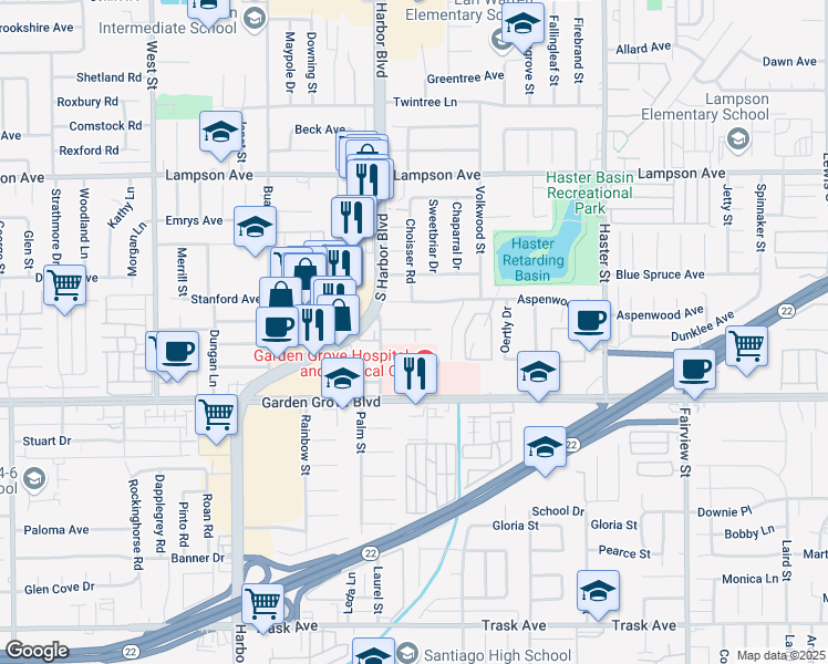 map of restaurants, bars, coffee shops, grocery stores, and more near 12832 Palm Street in Garden Grove