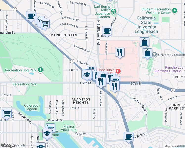 map of restaurants, bars, coffee shops, grocery stores, and more near 5585 East Pacific Coast Highway in Long Beach