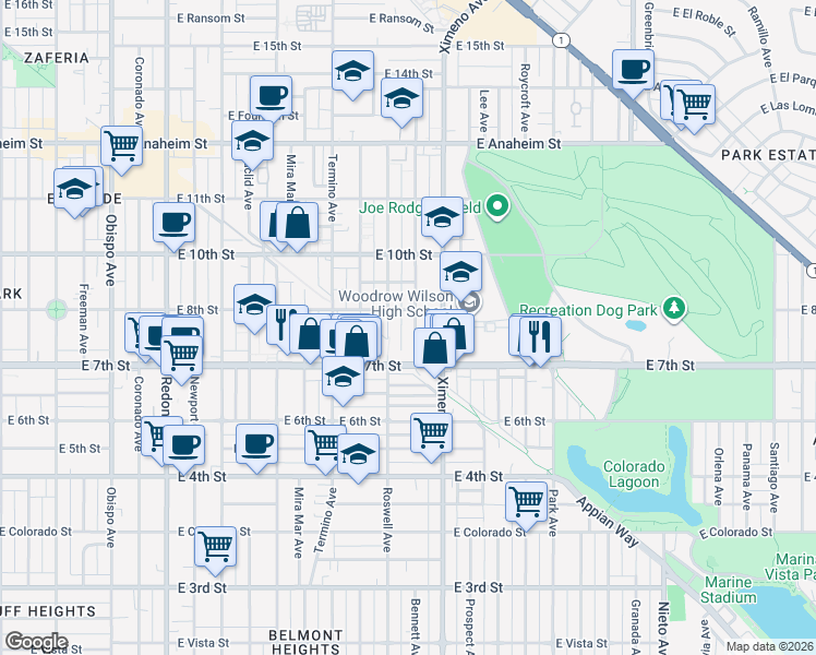 map of restaurants, bars, coffee shops, grocery stores, and more near 767 Bennett Avenue in Long Beach