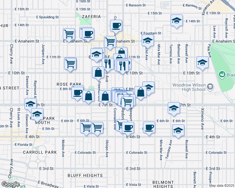 map of restaurants, bars, coffee shops, grocery stores, and more near 788 Coronado Avenue in Long Beach