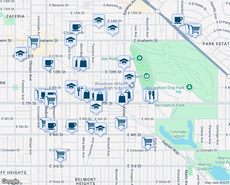 map of restaurants, bars, coffee shops, grocery stores, and more near 767 Bennett Avenue in Long Beach