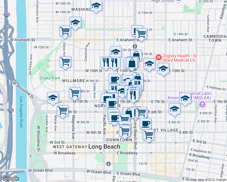 map of restaurants, bars, coffee shops, grocery stores, and more near 11 West 8th Street in Long Beach