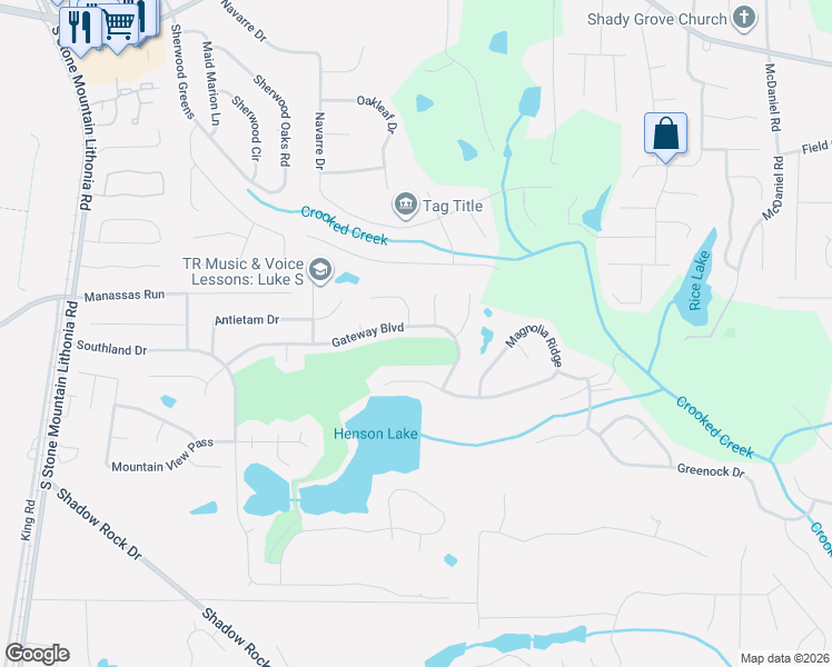 map of restaurants, bars, coffee shops, grocery stores, and more near 5890 Gateway Boulevard in Stone Mountain