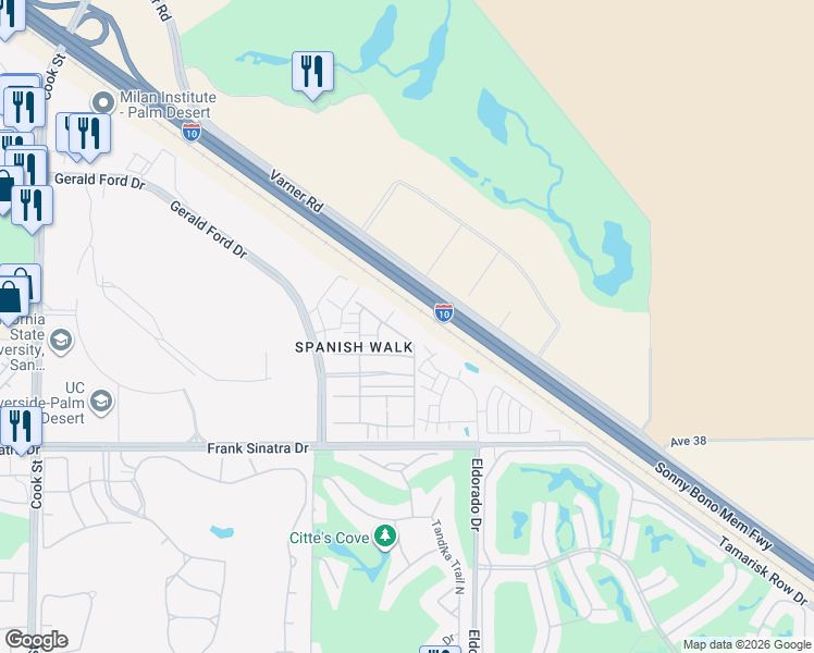 map of restaurants, bars, coffee shops, grocery stores, and more near 220 Paseo Bravo in Palm Desert