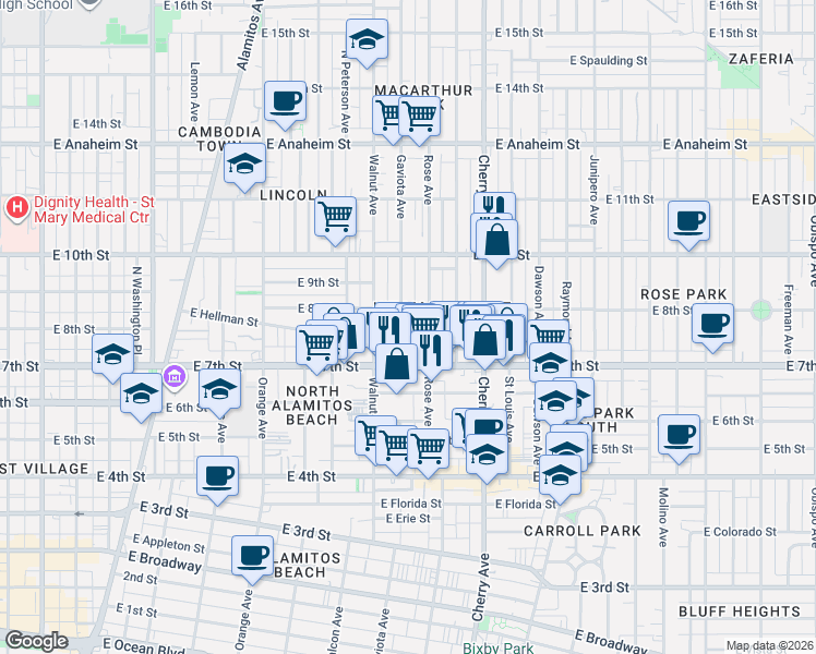 map of restaurants, bars, coffee shops, grocery stores, and more near 768 Gaviota Avenue in Long Beach