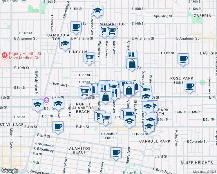 map of restaurants, bars, coffee shops, grocery stores, and more near 768 Gaviota Avenue in Long Beach