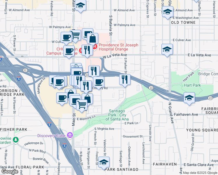 map of restaurants, bars, coffee shops, grocery stores, and more near 1055 Town and Country Road in Orange