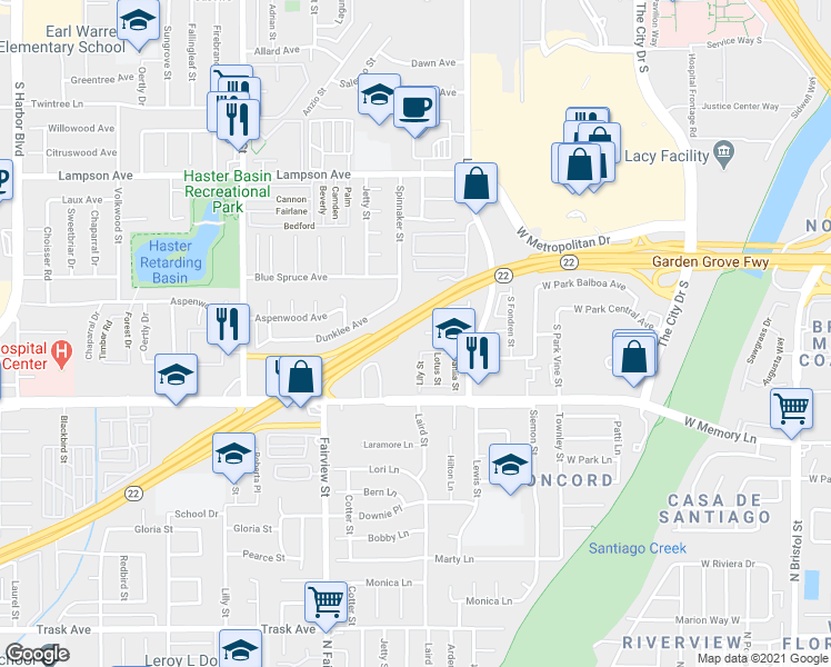 map of restaurants, bars, coffee shops, grocery stores, and more near 13306 Dunklee Avenue in Garden Grove