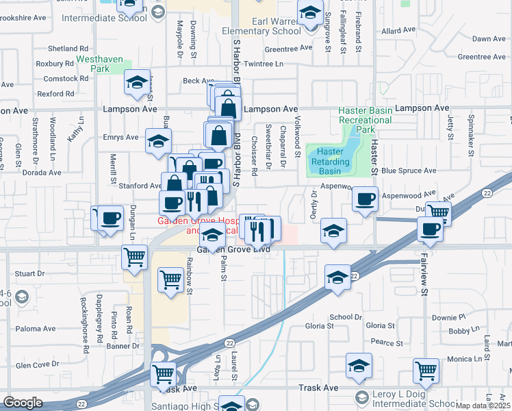 map of restaurants, bars, coffee shops, grocery stores, and more near 12832 Palm Street in Garden Grove