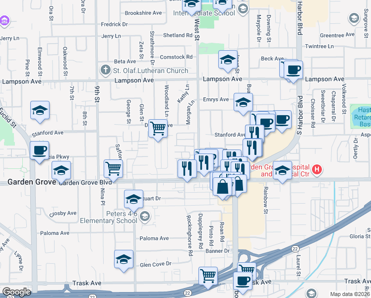 map of restaurants, bars, coffee shops, grocery stores, and more near 12792 West Street in Garden Grove