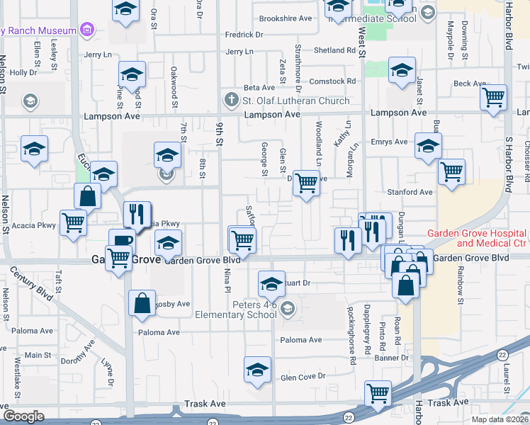 map of restaurants, bars, coffee shops, grocery stores, and more near 12867 Newhope Street in Garden Grove