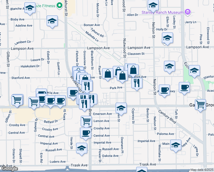map of restaurants, bars, coffee shops, grocery stores, and more near 10372 Stanford Avenue in Garden Grove